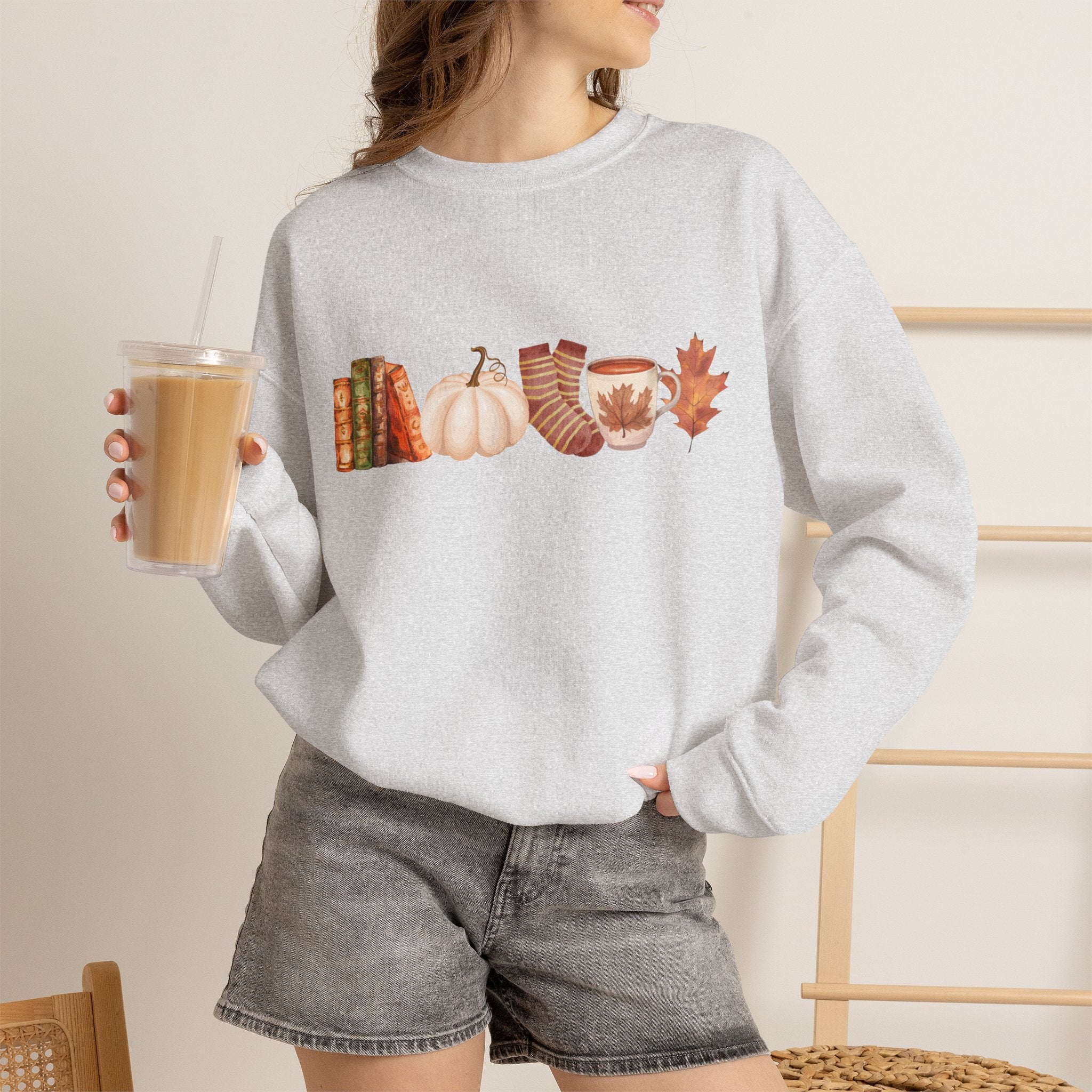 Fall Icons Sweatshirt, Cozy Autumn Crewneck, Pumpkin Coffee Sweatshirt, Fall Books Pullover, Cottagecore Fall Clothing