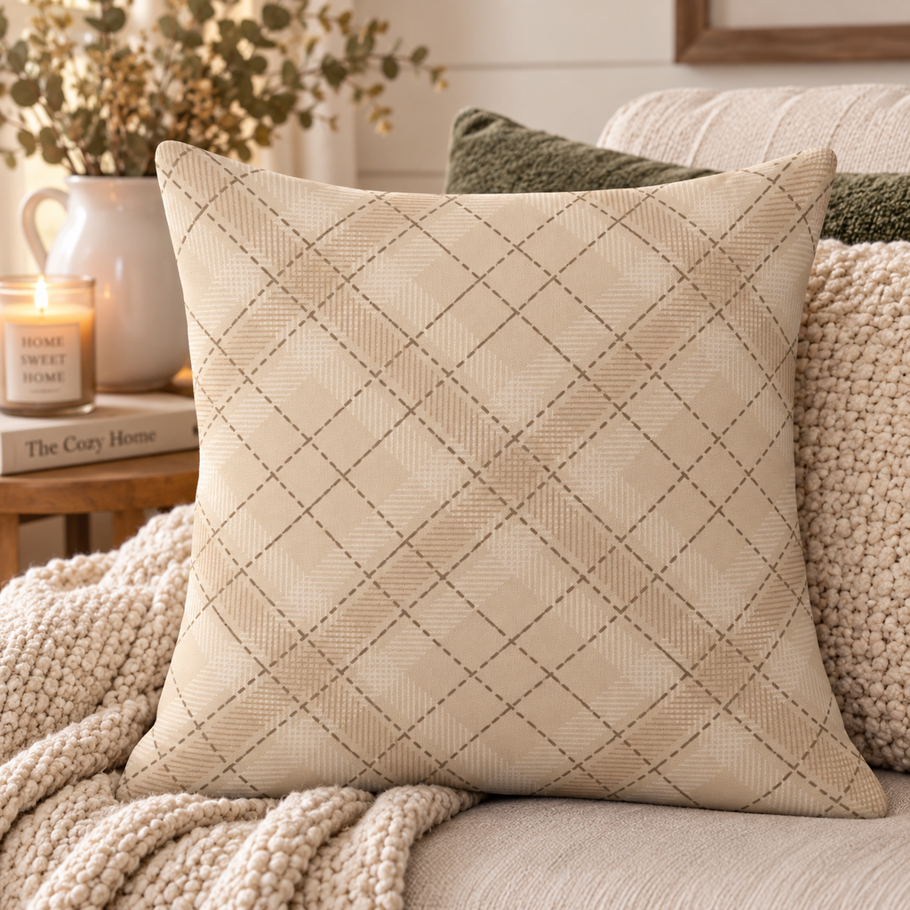 Beige Quilted Plaid Throw Pillow Case — Neutral Farmhouse Decorative Cover