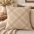 Beige Quilted Plaid Throw Pillow Case — Neutral Farmhouse Decorative Cover
