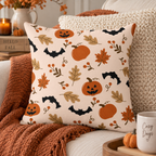 Halloween Pumpkin & Bat Throw Pillow Case — Autumn Leaves Decorative Cushion Cover