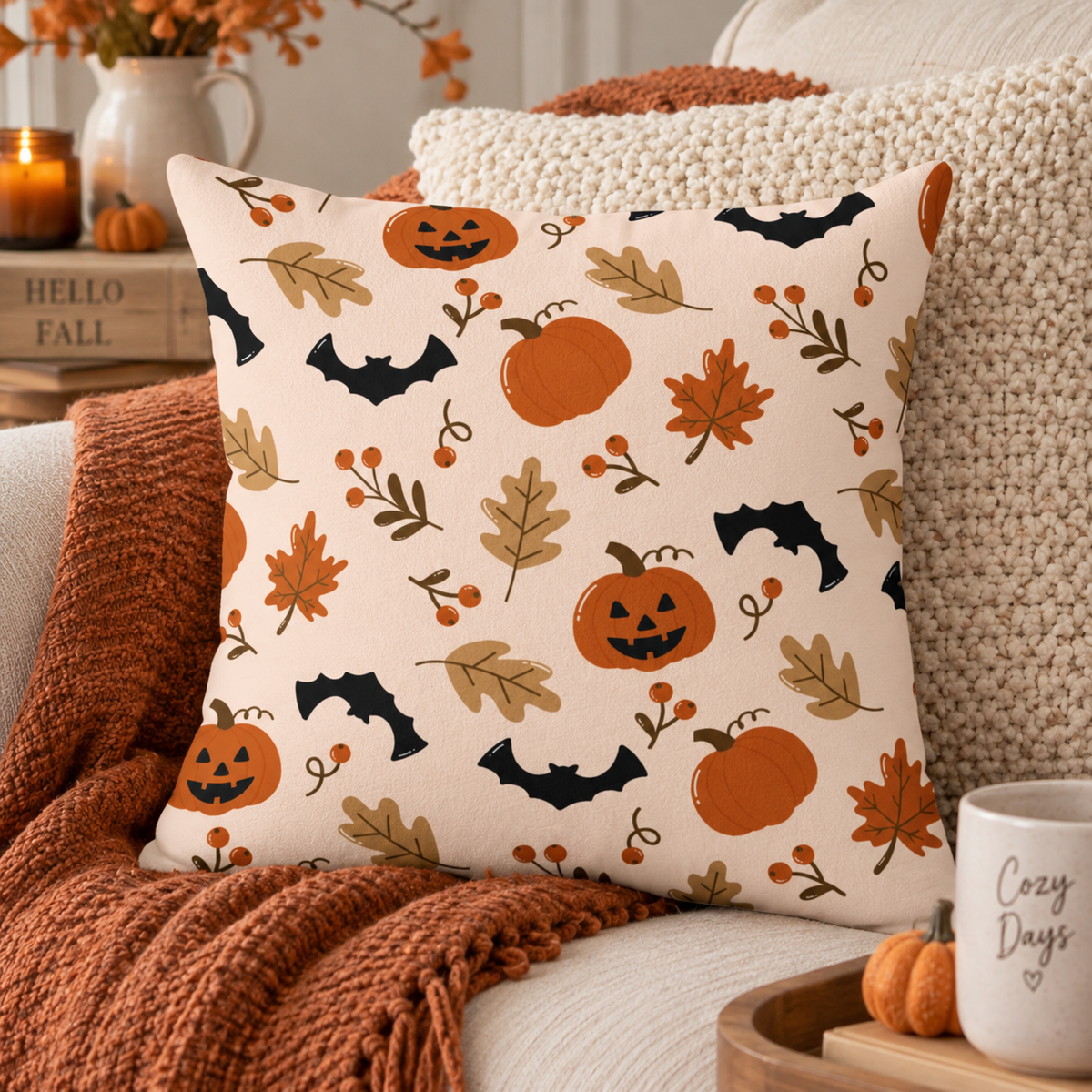 Halloween Pumpkin & Bat Throw Pillow Case — Autumn Leaves Decorative Cushion Cover