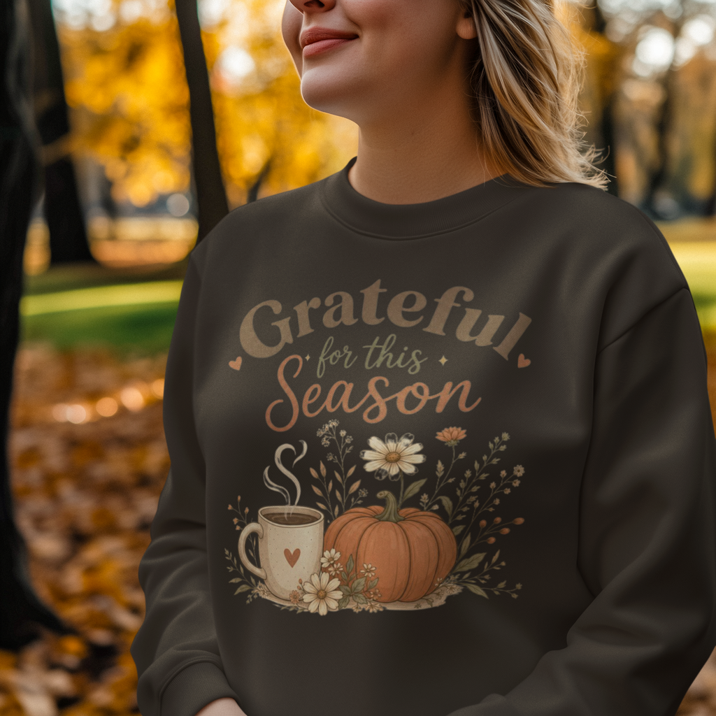 Grateful for This Season Sweatshirt, Fall Floral Shirt, Pumpkin Coffee Sweatshirt, Cozy Autumn Pullover, Thankful Season Shirt