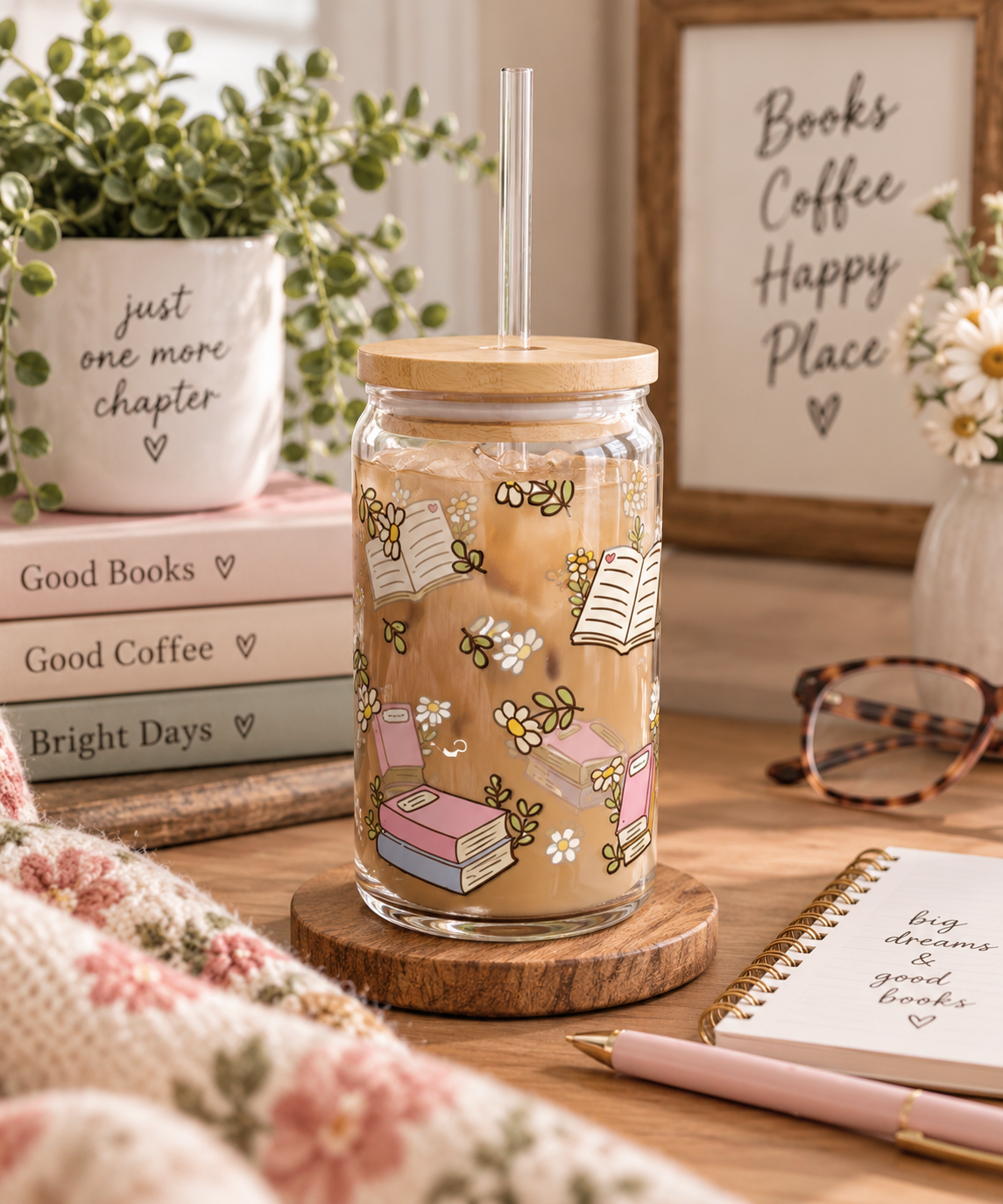 Book Lover Glass Tumbler | Floral Book Tumbler | Cozy Reader Gift | Cute Library Tumbler Glass, 16oz