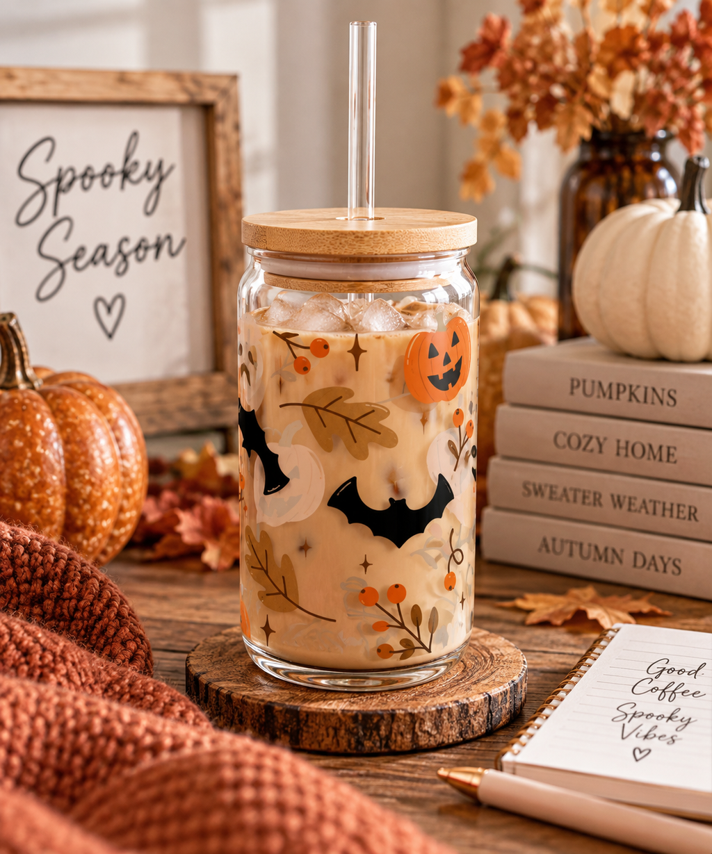 Halloween Glass Tumbler | Cute Spooky Tumbler | Pumpkin & Bat Tumbler | Fall Drinkware | Halloween Gift  Glass, 16oz
