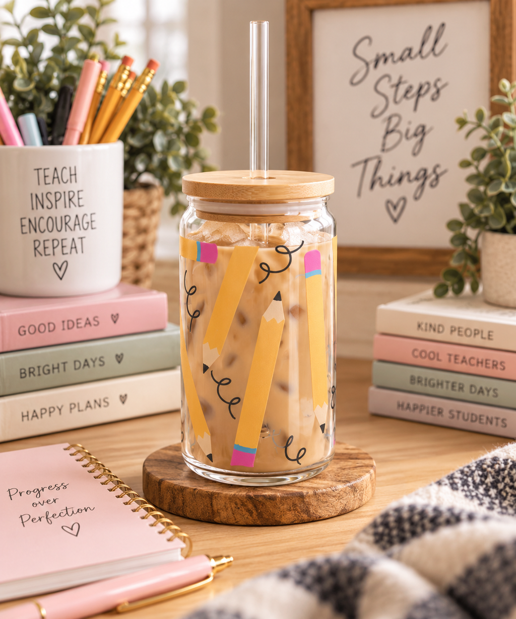 Cute Pencil Glass Tumbler | Teacher Gift | School Tumbler | Student Gift | Back to School Drink-ware Glass, 16oz